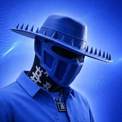 A stylized blue-toned digital artwork of a figure wearing a spiked wide-brim hat and a futuristic angular face mask, with Chinese characters on the neck.