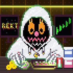 A pixel art illustration of a skull-faced figure in a white hoodie working at a desk with a keyboard, surrounded by stacked boxes and a computer screen showing a 'RENT' chart.