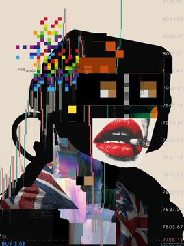A glitchy digital collage portrait with pixelated blocks, red lips, a pirate eye patch, and the word 'singularity' with numerical data overlaid.