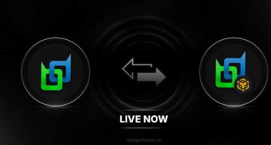 A dark promotional graphic showing a token bridge between two green and blue logos, with arrows pointing in both directions and 'LIVE NOW' text displayed above the URL 'bridge.belatex.io'.