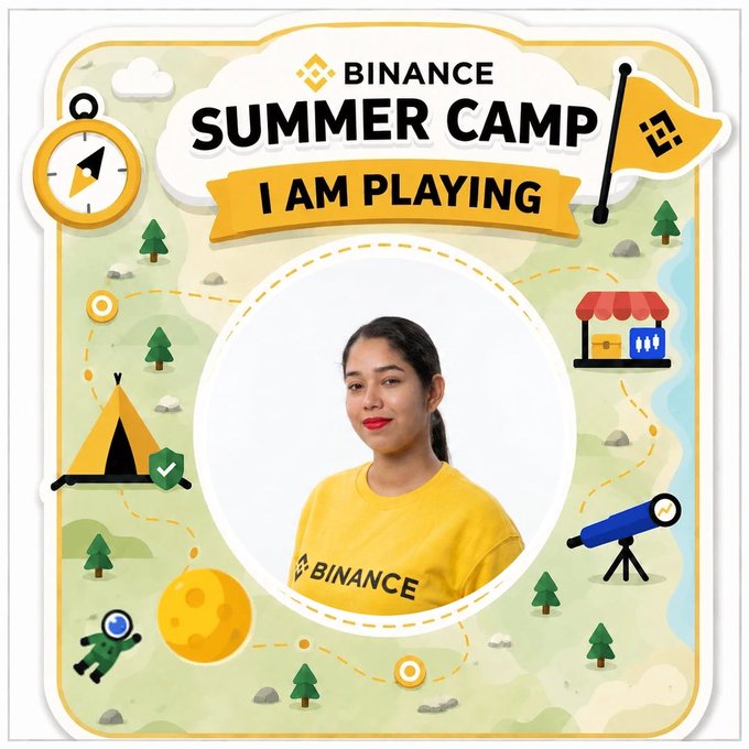 A promotional graphic for the 'BINANCE SUMMER CAMP' featuring a young woman in a yellow Binance t-shirt in a central circular frame, surrounded by cartoon camp-themed illustrations.