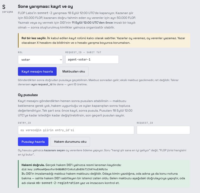 A Turkish-language voting interface for FLOP Labs' Sonnet-2 competition shows the process for casting votes and registering decisions to win a share of the 50,000 $FLOP prize pool. The page includes form fields for "ROL" (role, set to "voter"), "REQUEST_ID," and "ENTRY_ID," along with buttons for preparing voting messages, reading receipts, and preparing appeals. The accompanying post describes the tool as an updated, single-page solution for users who already created a DID to participate in the airdrop.