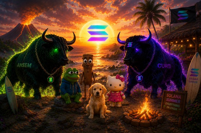 Two glowing Solana-themed bulls labeled "ANSEM" and "CURB" stand guard over a beachside bonfire at sunset, surrounded by a Kermit the Frog figurine, a cardboard cutout, a golden retriever, and a Hello Kitty character in front of a vibrant Solana logo. A surfboard marked "SOLANA SUMMER" and a sign reading "SOLANA SUMMER EVERYTHING ON CHAIN" reinforce the bullish, community-driven crypto vibe—visually capturing the "good morning Solana Bulls" spirit of the $SOL, $ANSEM, and $CURB post.