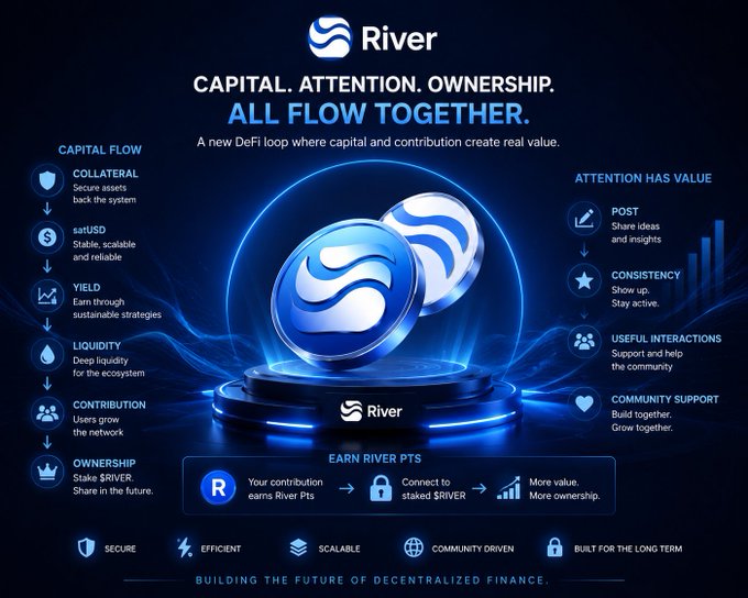 A promotional graphic for 'River' with the headline 'CAPITAL. ATTENTION. OWNERSHIP. ALL FLOW TOGETHER.', explaining a new DeFi loop.