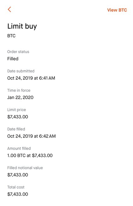 The image shows a screenshot of a phone screen displaying information about a bitcoin purchase, including the total cost and the date of the transaction. The text on the screen reads "Limit buy Btc", which indicates that someone has bought Bitcoin using their mobile device. The price of the Bitcoin at the time of the purchase was $7,433. The post also mentions that in 7 years' time, the Bitcoin will be worth 10x more than it is today and suggests playing the long game for maximum gains from this investment.