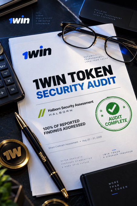 A promotional document titled '1WIN TOKEN SECURITY AUDIT' with a 'Halborn Security Assessment' badge and a green 'Audit Complete' stamp, indicating 100% of reported findings were addressed.