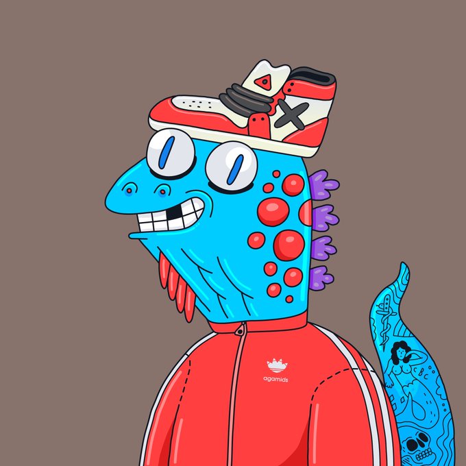 A cartoon illustration of a blue character with a large grin, wearing a red track jacket and a red and white sneaker as a hat, signed by @gorma.