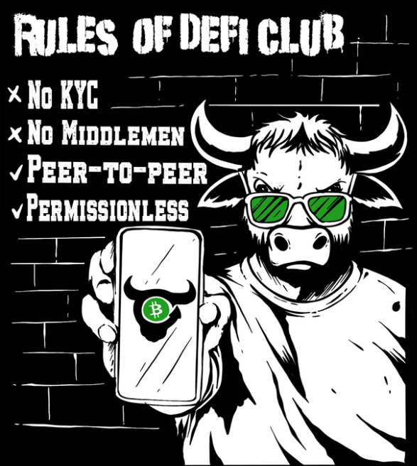 Black and white cartoon illustration titled "RULES OF DEFI CLUB" listing "No KYC", "No Middlemen", "Peer-to-peer", and "Permissionless", featuring a bull wearing sunglasses holding a phone with a Bitcoin logo.