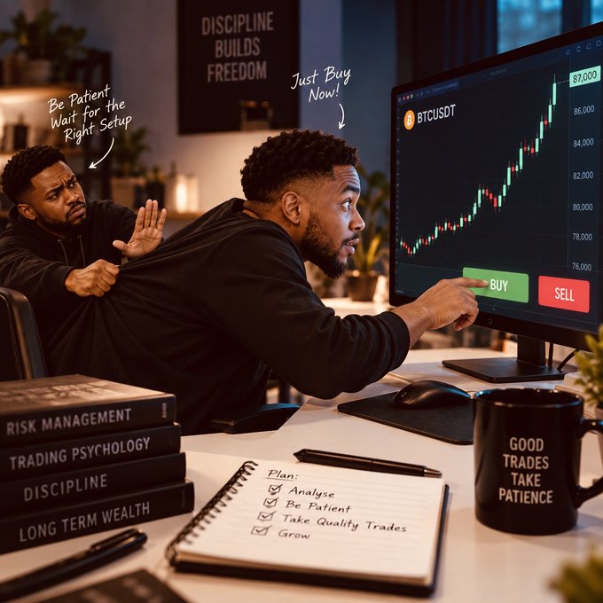 An illustration showing a man being physically restrained from clicking the green 'BUY' button on a BTC/USDT trading chart, while a duplicate of himself appears ready to act impulsively; the scene includes motivational text such as 'Be Patient, Wait for the Right Setup,' 'Discipline Builds Freedom,' and a checklist for 'Analyse, Be Patient, Take Quality Trades, Grow.'