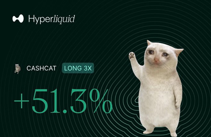 A promotional graphic for Hyperliquid's CASHCAT token showing a standing white cat giving a wave with "+51.3%" displayed.