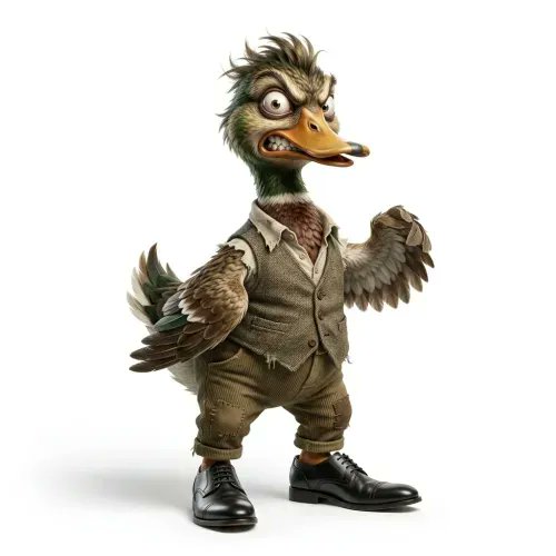 The image features a cartoon duck standing upright with its wings spread wide, wearing a suit and tie. The duck appears to be angry or upset, as indicated by its facial expression and body language. The text "BRAINROT #1966 has been sold for 0.045 ETH" is present in the image, which suggests that this cartoon duck might have been purchased or is being used for advertising purposes.