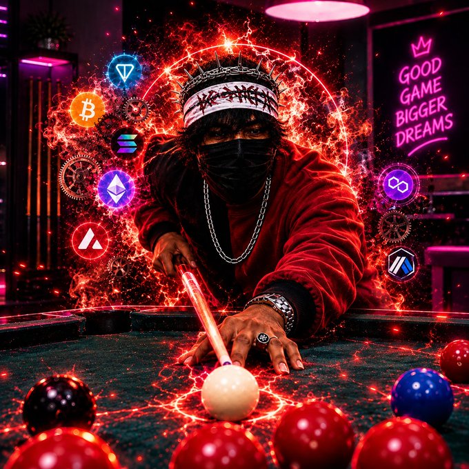 A stylized digital illustration of a masked figure playing pool with a glowing cue, surrounded by cryptocurrency logos and neon signs including 'GOOD GAME BIGGER DREAMS'.