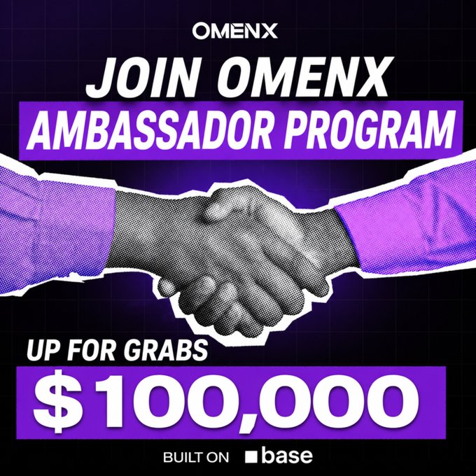The image is a bold promotional graphic for the OmenX Ambassador Program, featuring a purple and black design with a central handshake illustration. Key text reads "OMENX," "JOIN OMENX AMBASSADOR PROGRAM," and "UP FOR GRABS $100,000," with a "BUILT ON base" tagline at the bottom, directly reinforcing the post's mention of OmenX's $100,000 USDT ambassador reward pool.