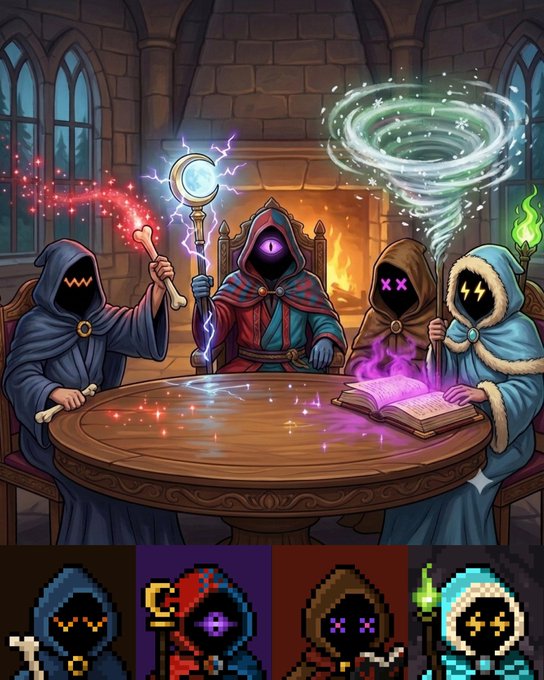 A fantasy digital illustration showing four hooded wizard figures with mystical glowing eyes sitting around a table casting spells, with pixel art sprite versions of the characters shown below.