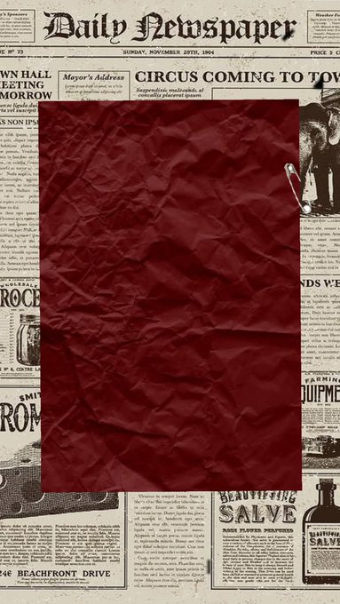 A vintage 'Daily Newspaper' dated Sunday, November 29th, 1894 features a red crumpled paper overlay held by a safety pin, with headlines including 'CIRCUS COMING TO TOWN' and 'BEAUTIFYING SALVE' advertisements.