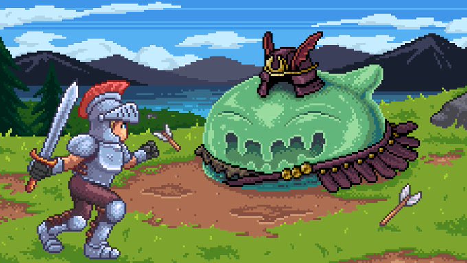 A pixel-art scene depicts a knight in silver armor wielding two swords, facing off against a large, green, slime-like creature wearing a horned helmet in a grassy landscape with mountains in the background. The image visually represents the "Fabled Chronicle" game referenced in the post, illustrating the fantasy adventure theme of the giveaway.