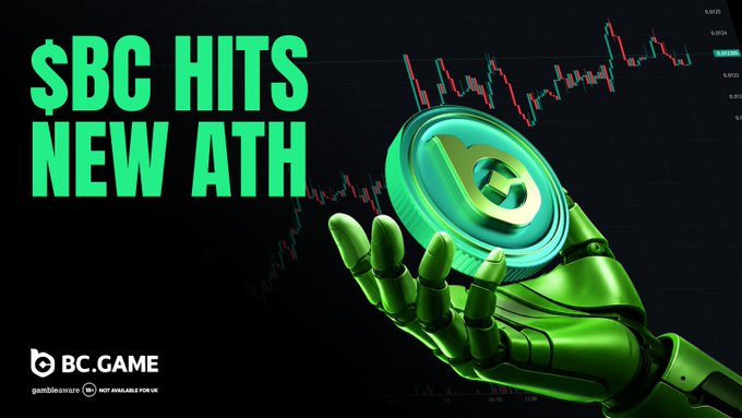 A green robotic hand holds a $BC coin against a backdrop of a rising candlestick chart, with bold text declaring "$BC HITS NEW ATH" and the BC.GAME logo in the corner—visually reinforcing the post's announcement that $BC has reached an all-time high price of $0.01445 and framing it as "$BC season."