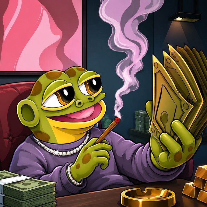 A cartoon illustration of a wealthy-looking green frog character wearing a purple shirt, diamond chain, smoking a cigar, and holding a fan of gold bills, surrounded by stacks of cash and gold bars in a luxurious room.