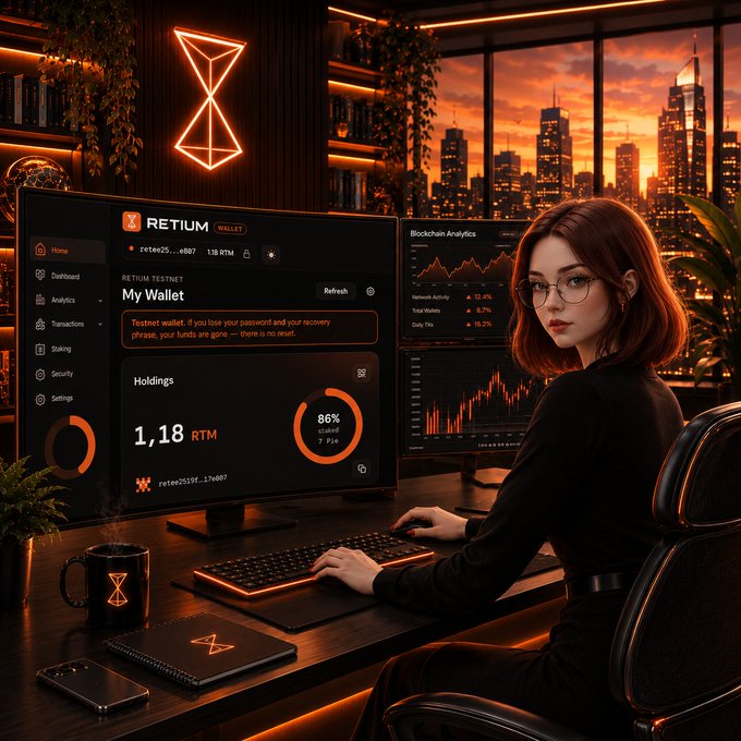 A digital illustration of a woman with glasses working at a computer showing a RETIUM wallet interface with 'My Wallet' displaying 1.18 RTM holdings, set against a city skyline at sunset.
