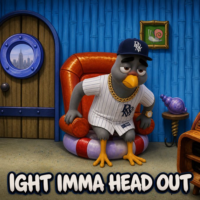 A meme showing a bird character wearing an 'RP NY' baseball cap, jersey, and gold chain sitting in a chair in a cartoon room with a porthole window. The text at the bottom reads 'IGHT IMMA HEAD OUT'.