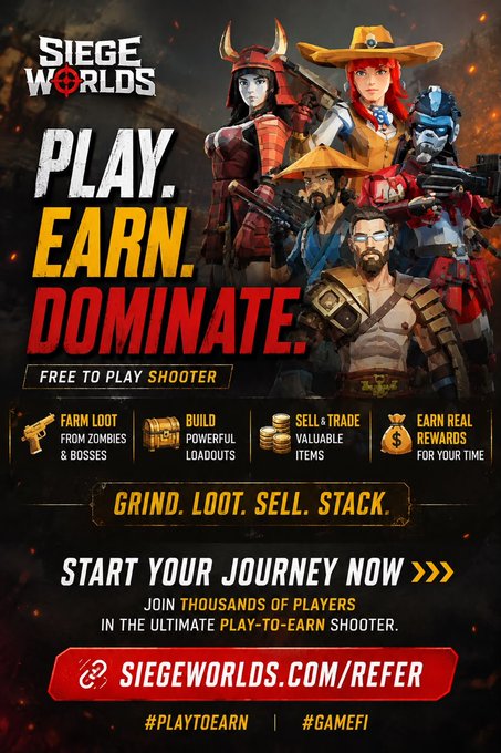 Advertisement for the free-to-play shooter game 'Siege Worlds' with the tagline 'PLAY. EARN. DOMINATE.' featuring characters including a samurai, cowgirl, and robot, with icons for farming loot, building loadouts, selling items, and earning real rewards, promoting SIEGEWORLDS.COM/REFER.