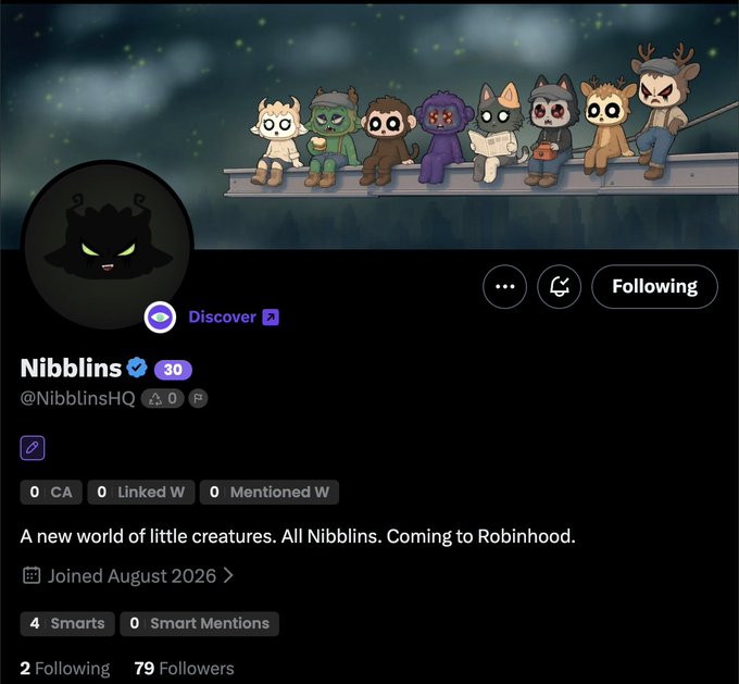 The image shows a StockTwits profile page for "Nibblins" (@NibblinsHQ), a verified account with 30, featuring a banner of cartoon creatures and a bio stating "A new world of little creatures. All Nibblins. Coming to Robinhood." The profile's early presence on Robinhood aligns with the post suggesting it may be noteworthy for early discovery.