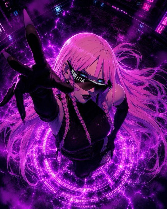 An anime-style illustration of a pink-haired woman with glowing purple energy and a magical circle beneath her, with "BAITIA" visible on her visor.