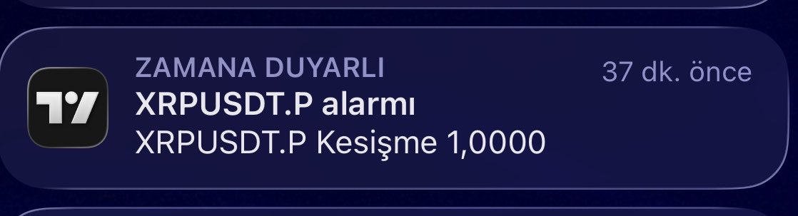 A mobile notification from TradingView displayed in Turkish, showing a time-sensitive alert set 37 minutes ago indicating that the XRPUSDT.P trading pair has intersected at the price level of 1.0000, corresponding to the post noting XRP reaching $1.