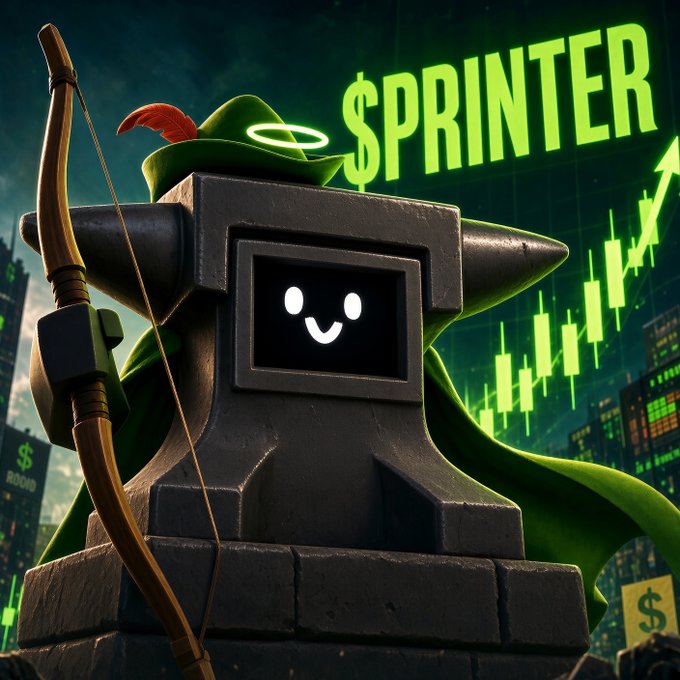 An anvil character wearing a green Robin Hood hat and cloak holds a bow, with a stock chart trending upward behind it and the ticker "$PRINTER" displayed prominently in glowing green text. The image visually reinforces the giveaway announcement, positioning $PRINTER as a rising market opportunity tied to the anvil/RH Machine ecosystem.