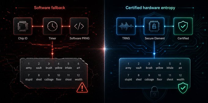 An infographic comparing 'Software fallback' (Chip ID, Timer, Software PRNG) marked with a warning versus 'Certified hardware entropy' (TRNG, Secure Element, Certified) marked with a shield, both producing the same 12-word seed phrase.