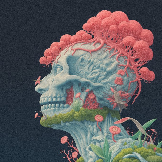 A surreal illustration of a blue human skull filled with intricate brain patterns, overgrown with pink coral-like flora, moss, and small flowers against a dark background.