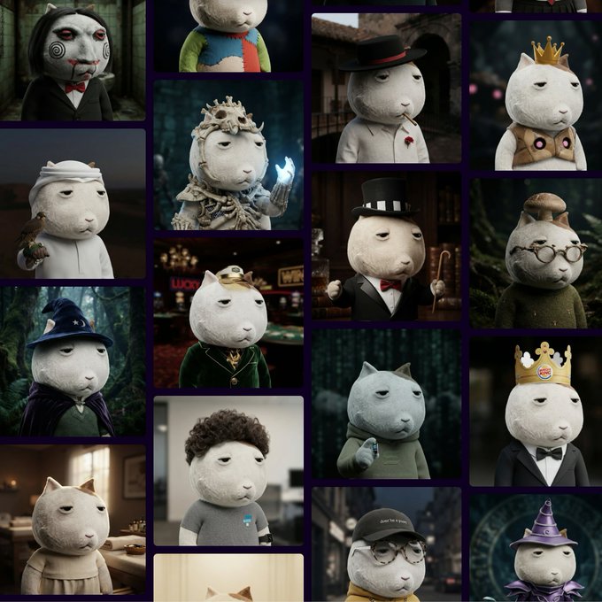 A grid of diverse AI-generated cat profile picture avatars featuring various costumes and accessories (wizard hats, crowns, top hats, glasses, and more) in different settings, representing community-created profile pictures from ketpfp.com featuring cat characters in many different styles and roles.