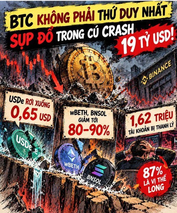A Vietnamese crypto news graphic titled 'BTC KHÔNG PHẢI THỦ PHẠM DUY NHẤT SỤP ĐỔ TRONG CÚ CRASH 19 TỶ USD!', illustrating a market crash with details about USDe dropping to 0.65 USD, wBETH/BNSOL dropping 80-90%, 1.62 million liquidated accounts, and 87% long positions.