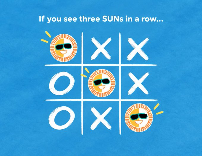 The image features a tic-tac-toe grid on a blue background with the text "If you see three SUNs in a row..." at the top, displaying three sunglasses-wearing sun character mascots (the SUN.io logo) placed diagonally across the board among X's and O's.

The image serves as a visual pun introducing SUN.io's vote-escrow (veSUN) mechanism—suggesting that by holding/escrowing SUN tokens, users can align winning moves (long-term platform success) with their personal incentives, with the "three in a row" symbolizing the strategic alignment of stakeholder time horizons described in the post.