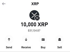 A crypto wallet screenshot showing a balance of 10,000 XRP valued at $31,134.87, with options to Send, Receive, Buy, and Sell. The image illustrates a XRP holding, aligning with the post's message urging followers to buy altcoins like XRP before a predicted major market rally.