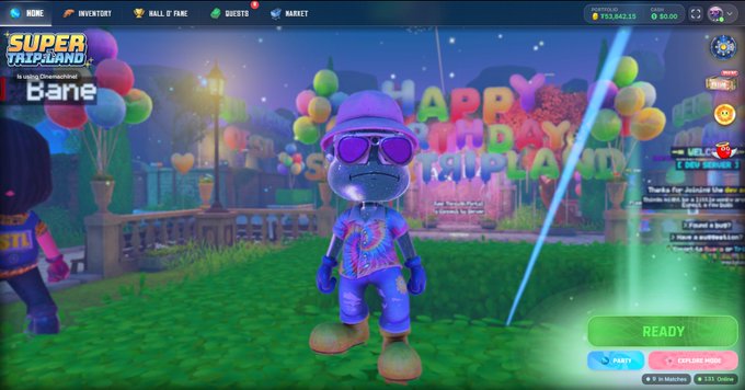 A character named "Bane" stands in a festive Super Trip Land virtual world with "HAPPY BIRTHDAY SUPERTRIP.LAND" balloons and decorations in the background, with an in-game currency balance of 153,842.55 and a chat window visible. The image shows the user actively engaged in the addictive SuperTrip.land game, matching their post about returning after being away.