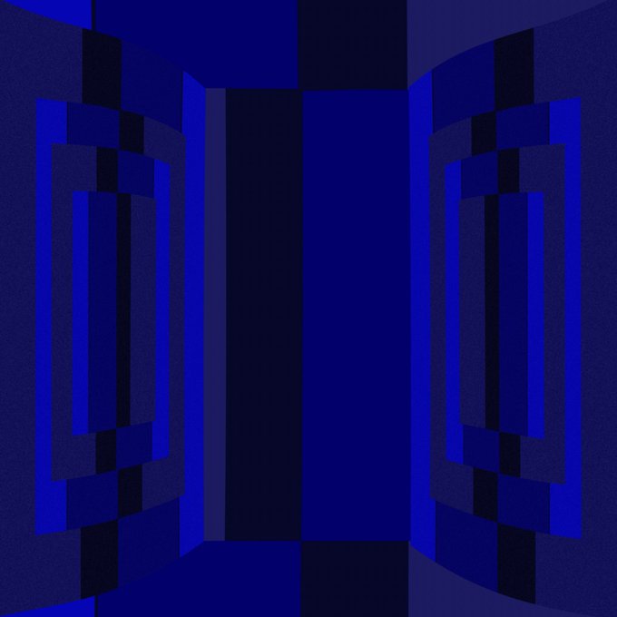 An abstract geometric composition featuring various shades of blue rectangles and shapes.
