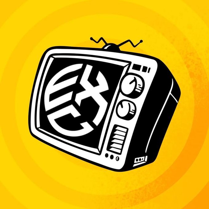 A black-and-white retro TV illustration featuring the stylized "EX" logo on its screen is set against a bright yellow swirled background, visually branding the Exclusivo (exc_nft) NFT platform announcement. The vintage television imagery reinforces the post's message about a "yuuuge update" and new platform features launching this week.
