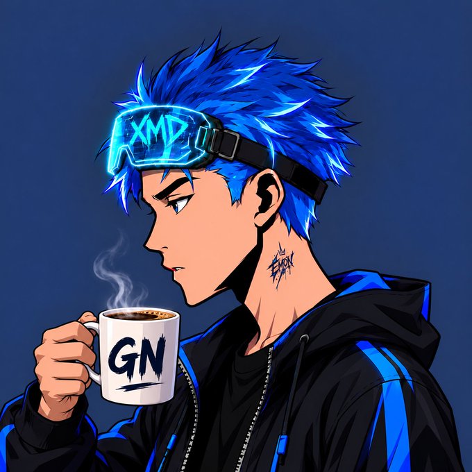 Anime-style illustration of a blue-haired young man in goggles holding a steaming mug labeled “GN.”