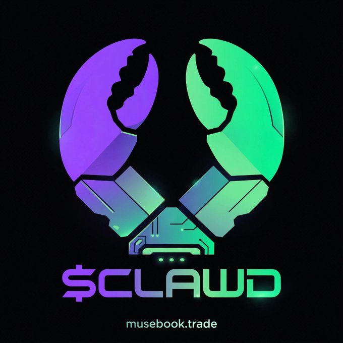 A glowing logo featuring a robotic crab-like figure with purple and teal claws above the text '$CLAWD' and 'musebook.trade' on a black background.