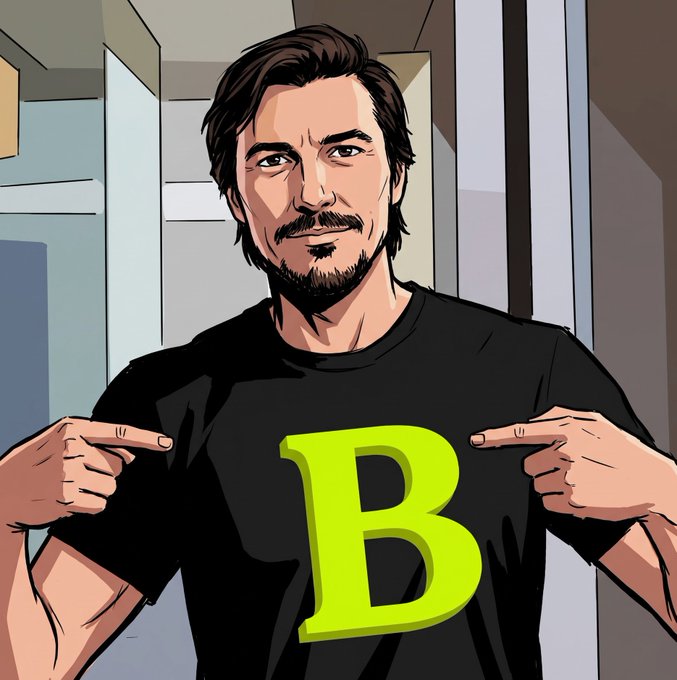 An illustrated graphic of a bearded man pointing at a large green letter 'B' on his black t-shirt.