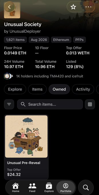 An OpenSea NFT collection page for 'Unusual Society' by UnusualDeployer on Ethereum, showing a Floor Price of 0.0149 ETH and featuring an NFT titled 'Unusual Pre-Reveal' with a Top Offer of $24.32.