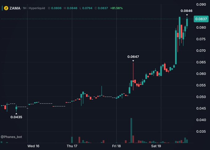 A 1-hour candlestick chart of ZAMA on Hyperliquid shows an explosive rally from a low of 0.0435 to a peak of 0.0846 (an +81.56% gain), humorously underscoring the post's joke that simply holding ZAMA for 7 months produced an insane chart.