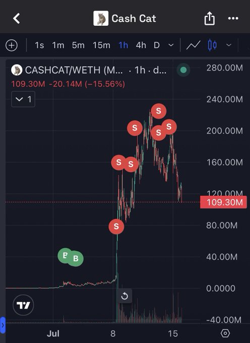 A TradingView chart of CASHCAT/WETH on a 1h timeframe shows the token pumped from near zero to a peak above 240M before crashing back down to 109.30M, marked with multiple "S" (sell) signals at the top and "P/B" (potential buy) markers near the bottom—visually confirming the trader's narrative of buying around the lows and selling into the parabolic top.