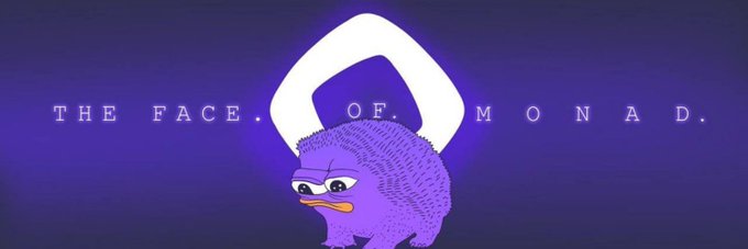 A stylized purple penguin with a serious expression serves as a bold alternative mascot for the Monad blockchain chain, overlaid with the text "THE FACE OF MONAD." The image embodies the post's call for Monad community members and founders to embrace this unofficial, humorous mascot instead of its current branding.