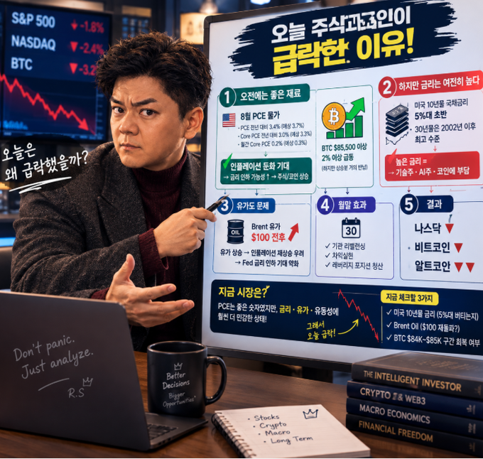 A YouTube thumbnail-style image showing a man pointing at a detailed Korean-language infographic about market crashes, with visible tickers including 'S&P 500', 'NASDAQ', 'BTC', and 'Brent', alongside English text 'Stocks, Crypto, Macro, Long Term' on a notebook.