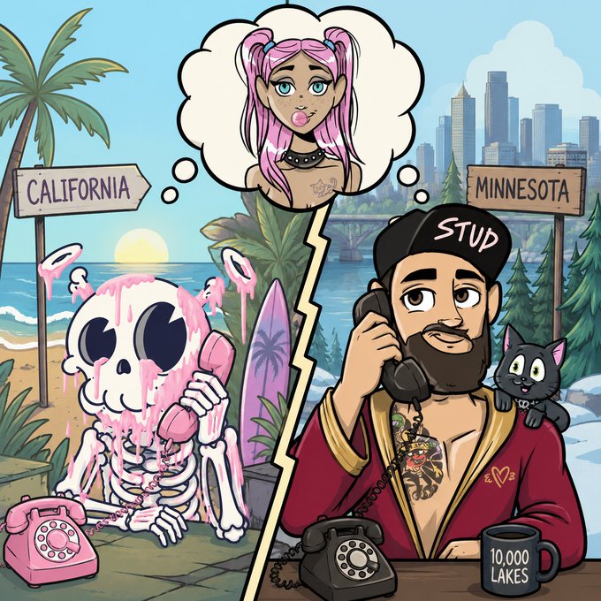 A cartoon illustration split between California (skeleton, palm tree, pink phone) and Minnesota (bearded man labeled 'STUD' with a cat and '10,000 LAKES' mug), both using phones to call a pink-haired girl in a thought bubble.