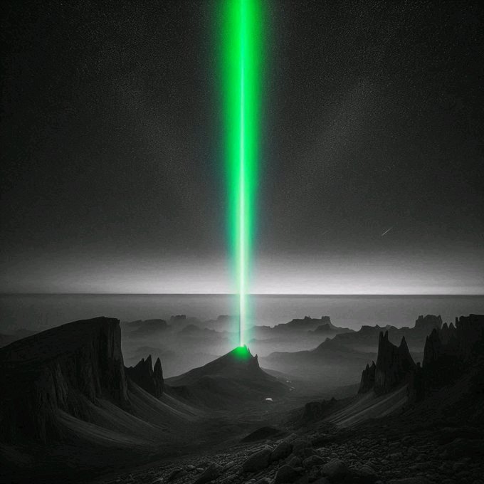 A dramatic, otherworldly landscape features a vibrant green beam of light shooting vertically into a starry night sky from a mountain peak amidst rugged, shadowy terrain.