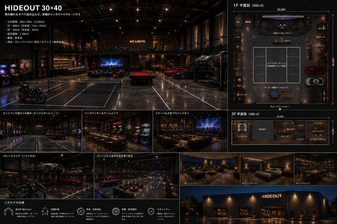 A detailed architectural rendering shows a 'HIDEOUT 30x40' luxury garage and residence with Japanese text annotations across multiple panels.