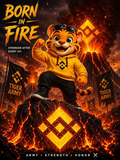 The image features a cartoon tiger character wearing sunglasses, standing atop a rock with a banner that reads "born in fire" above him. The background of the image shows a volcano surrounded by flames, creating an intense atmosphere. Below the banner, there are three flags representing the "Tiger Army", "BNB Chain", and "BNBTiger" logos. The text on the poster includes phrases such as "Army, strength, honor".